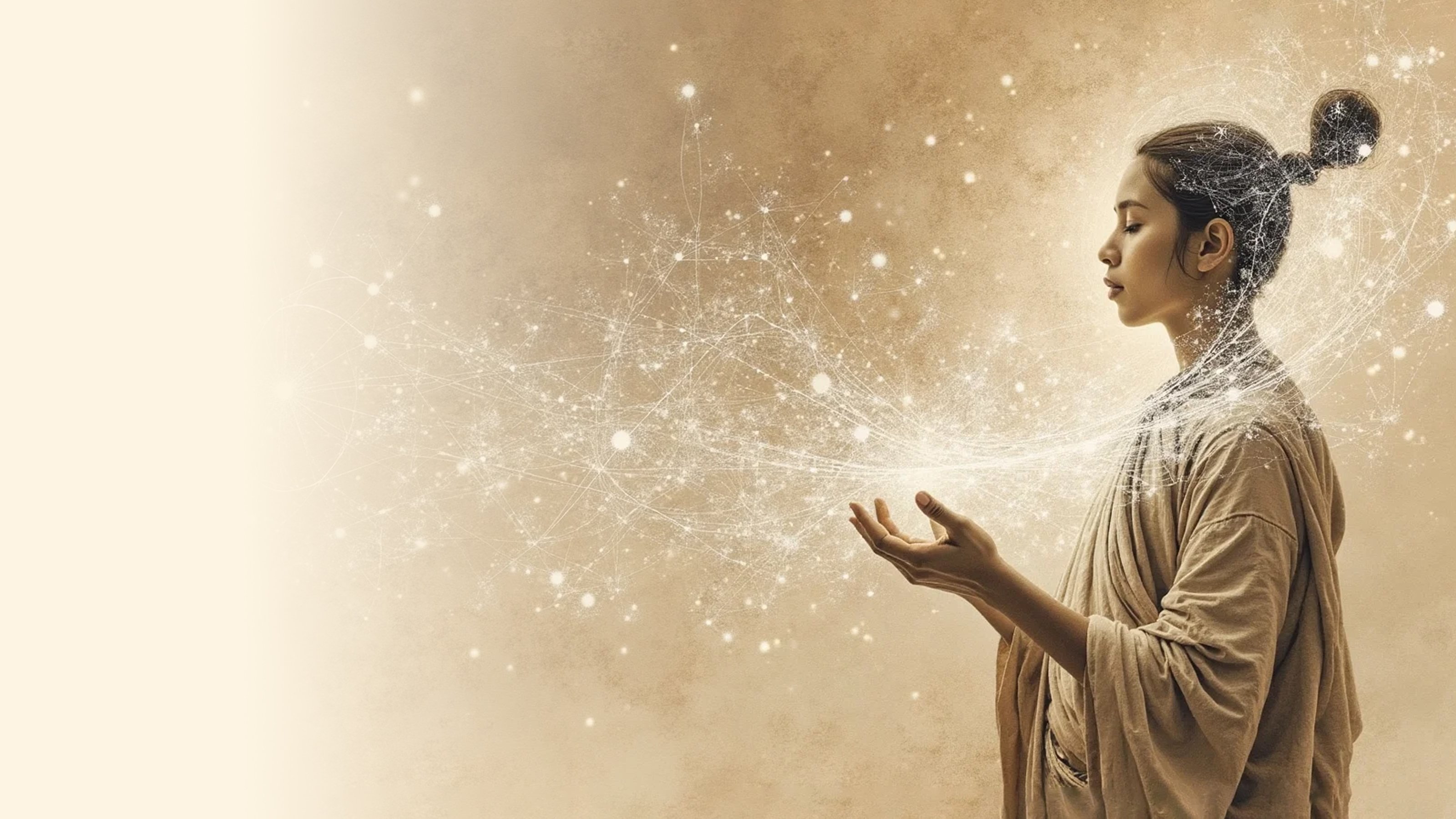 A serene figure, with hands open in gentle reception, embodies the profound interconnectedness of mind and spirit, as luminous threads of cosmic energy emanate from her, weaving a tapestry of consciousness.