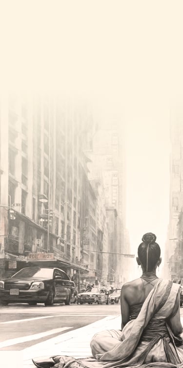 Person standing calmly with coffee in hand at sunrise, symbolizing clarity and focus.